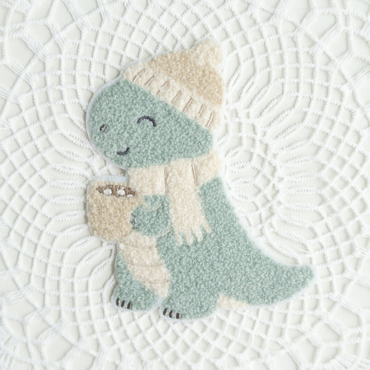 Chenille Patch: Dino mit heißem Schokoladen/Marshmallow-Becher