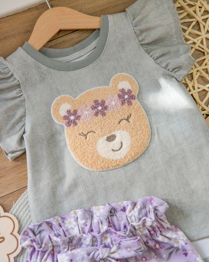 Chenille Patch: Bär mit Blumenkranz